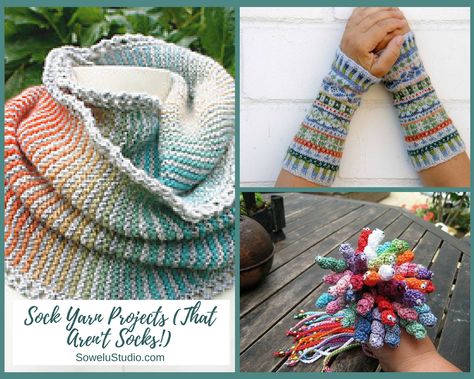 The Best Sock Yarn Projects (That Aren't Socks!) – Sowelu Studio Sock Yarn Projects Crochet, Crochet Sock Yarn Projects, Self Striping Sock Yarn, Sock Yarn Crochet Patterns, Scrap Yarn Knitting Projects, Sock Yarn Scarf, Sock Yarn Projects, Sock Yarn Patterns, Sock Yarn Shawls