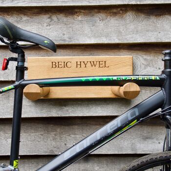 Personalised Oak Wall Mounted Bike Rack By Traditional Wooden Gifts | notonthehighstreet.com Personalized Coat Hooks, Wall Mount Bike Rack, Bike Storage Rack, Bike Holder, Bike Wall, Personalised Wooden Gifts, Wooden Bike, Wall Mount Rack, Wood Rack