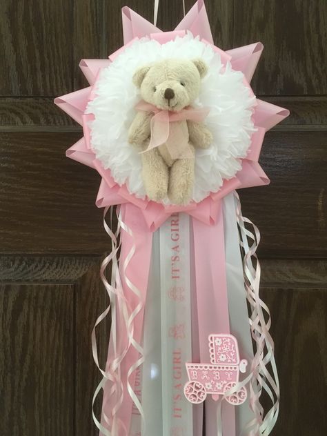 Decorated Pacifiers, Baby Shower Sash Flowers, Mom To Be Ribbon Corsage Diy, Pink And White Gold Baby Shower Sash, Rose Babyshower Sash, Baby Shower Mum, Red Baby Shower, Baby Shower Sash, Baby Shower Pin