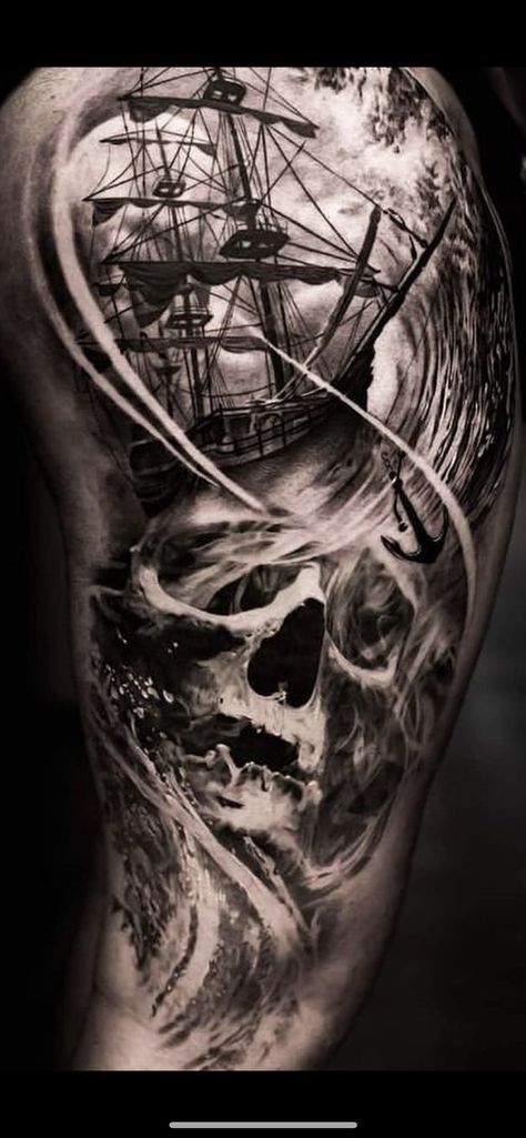 Skull Time Tattoo, Ship Tattoo Realistic, Skull Ship Tattoo, Pirate Back Tattoo, Ocean Sleeve Tattoos For Guys, Pirate Sleeve Tattoo, Dark Sea Tattoo, Sea Tattoo Men, Dark Pirate Tattoo