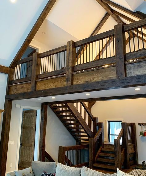 Rustic Railings For Stairs, Loft Railing Ideas Rustic, Rustic Staircase Farmhouse Style, Rustic Stair Railing Ideas, Cabin Stairs, Loft Railing, Wood Stair Treads, Rustic Staircase, Interior Stair Railing