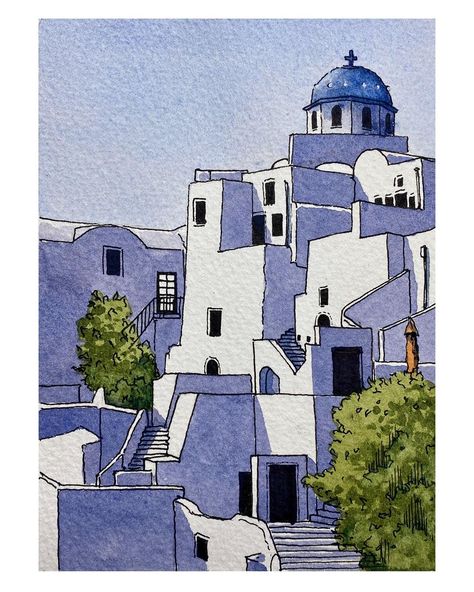 Another version of Santorini this one is available in my Etsy Shop #lineandwashpainting #penandinkdrawing #sketching #drawing… | Instagram Ink And Paint Art, Greece Buildings Drawing, Architectural Sketch Watercolor, Santorini Greece Drawing, Urban Architecture Drawing, Line Watercolor Art, Coloring Inspo Art, 2 Color Drawing, Santorini Watercolor Painting