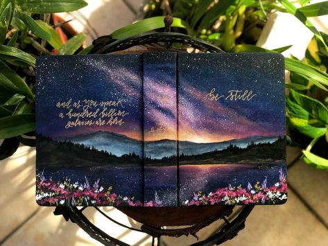 Christmas September, Bible Cover Ideas, Hand Painted Bible Cover, Painted Bible Cover, Bible Painting, Esv Journaling Bible, Painted Bible, Hand Painted Bible, Custom Bible