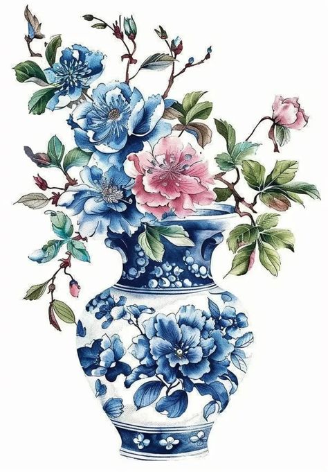 The image is a watercolor painting of a vase of flowers. The vase is blue and white, with a floral pattern. The flowers are pink, blue, and white, with green leaves. The painting has a light, airy feel, and the colors are bright and vibrant. The image is likely to be used as a decorative piece, such as a wall hanging or a greeting card. Blue And White Vases With Flowers, White Vase With Flowers, A Vase Of Flowers, Fineliner Art, Vase With Flowers, Vase Of Flowers, Blue And White Vase, Watercolor Flower Art, White Vase