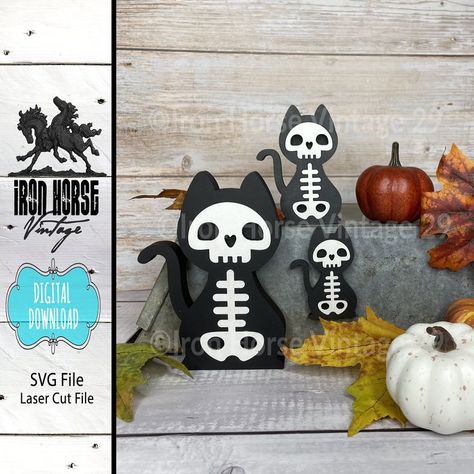 Add personality to your home with playful wooden shelf sitters featuring skeleton cats and other fun designs perfect for Halloween crafting! Halloween Scroll Saw Patterns, Wood Shelf Sitters, No Bones About It, Wood Halloween, Skeleton Cat, Halloween Crafting, Cat Shelf, Chat Halloween, Diy Santa