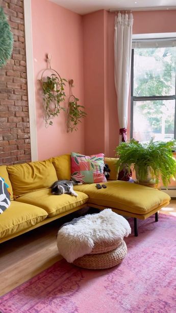 Small Colorful Room, Different Sofa Colors In Living Room, Pink Blue And Yellow Living Room, Colorful Accents Living Room, Bright Color Decor Living Room, Calm Colorful Living Room, Shell Sofa Living Room, Small Home Decoration Ideas, Colorful Wall Decor Living Room