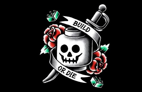 BUILD OR DIE : The bricks get serious on the LEGO Build or Die T-Shirt. Cool artwork with a stylized image that resembles a tattoo, with a LEGO skull in place of a regular one, of course. Get as a tshirt for men and women master builders Lego Man Tattoo, Lego Brick Tattoo, Lego Skull, Lego Tattoo, Tattoo Style Art, Lego Halloween, Lego Head, Lego Man, Lego Room