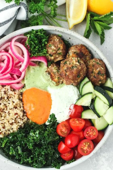 Turkey Meatball Salad, Turkey Meatballs Bowl, Mediterranean Meatball Bowl, Greek Turkey Meatball Bowls, Turkey Meatball Sauce, Tzatziki Sauce Recipe Easy, Meatball Bowl, Greek Turkey Meatballs, Mediterranean Life