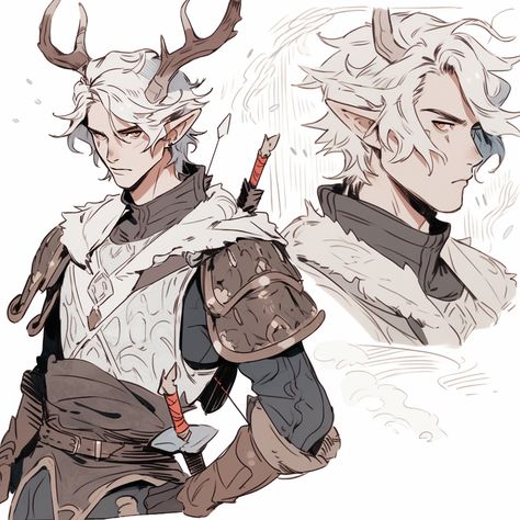 Elf Design Character, Man With Antlers, Antler Drawing Reference, Part Animal Part Human, Elf With Horns, Half Dragon Character Design, Goat Man Character Design, Character With Horns, Deer Hybrid Human Male