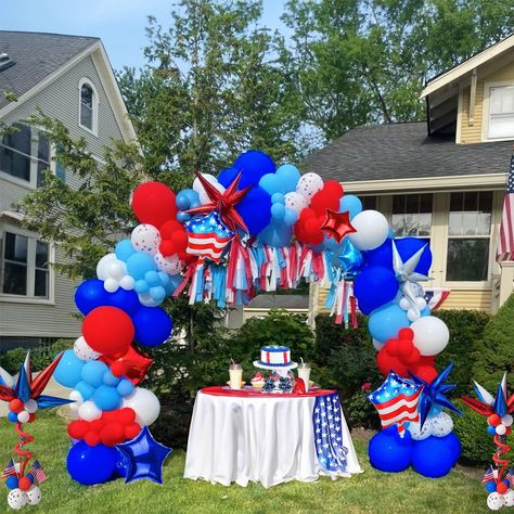 PRICES MAY VARY. 【Patriotic Red White and Blue Balloon Kit】INCLUDES the following 130+PCS 5" 10" 12"balloons in various sizes, we chose Red White and Blue as Palette for the theme, Add 28pcs foil star print and flag Balloon & Glue Dot Tie Kit, perfect for july 4 Memorial day decorations 【Reliable Color 】 We insist on real photography，Providing True Color of every single balloons,what you have to do is trust your color insprition and idea. Reliable Consistent Color Balloons to Make your Party Dec Red White Blue Balloon Garland, Usa Party Theme, White And Blue Balloon Garland, Red White And Blue Decorations, Blue Balloon Garland, 12 Balloons, Christmas Parade Floats, Day Party Decorations, Cowboy Carter