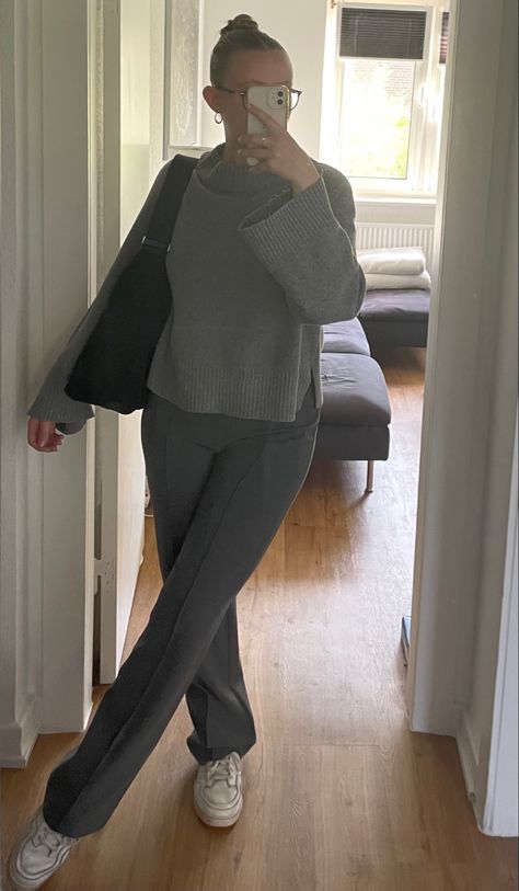 Gray Suit Pants Women, Gray Pants Outfit Aesthetic, Matilda Djerf Grey Pants, Grey Knit Pants Outfit, Monochrome Grey Outfit, Grey Suit Trousers Women Outfit, Grey Suit Pants Outfit, Grey Pants Outfit Aesthetic, Grey Suit Pants Outfit Women