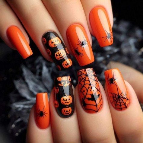 Fall Season Nails Pumpkin, Halloween Nail Designs Orange And Black, Solid Halloween Nails, Black And Orange Halloween Nail Designs, Pumpkin Nails Designs, Halloween Orange Nails, Halloween Nails Orange And Black, Orange And Black Halloween Nails, Pumpkin Halloween Nails