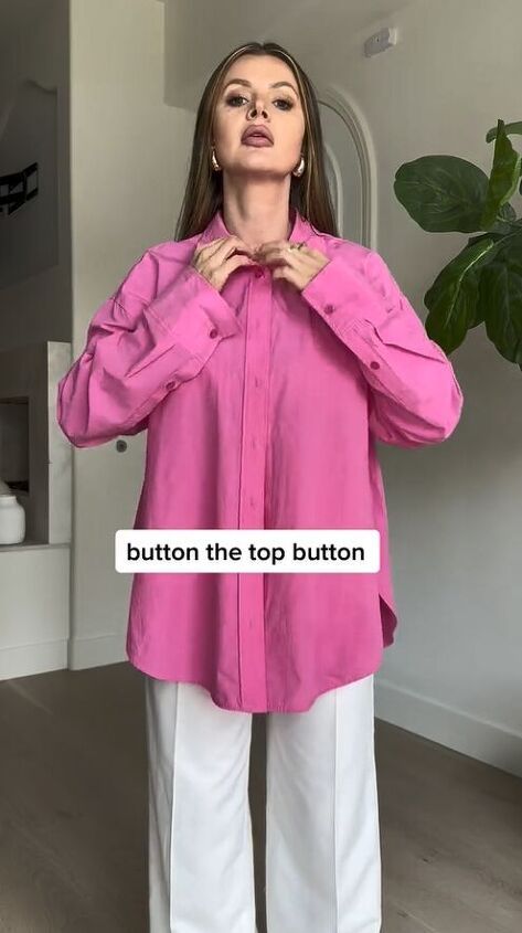 Oversized Satin Button Up Shirt Outfit, Pink And White Button Up Shirt Outfit, How To Style Oversized Button Down Shirt, Big Blouse Outfit, Ways To Style A Button Up Shirt, How To Style Oversized Button Up Shirts, Style Oversized Button Down, Pink Button Down Shirt Outfit, How To Wear Oversized Button Up Shirt