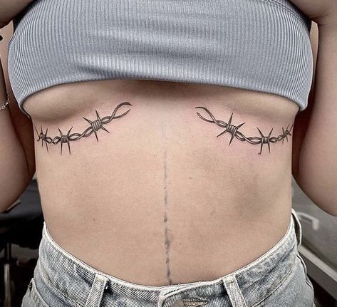 ig: pablo_hernandez_tattoo Under Tattoo Sternum, Women Barbwire Tattoo, Barbwire Tattoo Design, Barbwire Tattoo Thigh, Barbed Wire Underboob Tattoo, Barbed Wire Chest Tattoo, Cool Underboob Tattoo, Sternum Tattoo Grunge, Barbwire Tattoo Womens