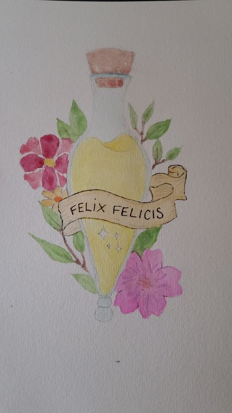 Fiole Félix Félicie Harry Potter in watercolor Watercolor Harry Potter Art, Harry Potter Watercolor Art Easy, Hufflepuff Watercolor, Easy Harry Potter Painting, Harry Potter Painting Ideas Easy, Harry Potter Watercolor Art, Watercolor Harry Potter, Harry Potter Plants, Harry Potter Watercolor