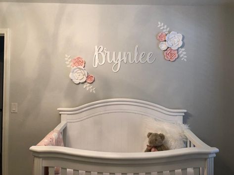 Name Above Crib, Everly Rose, Wooden Letters For Nursery, Letters For Wall Decor, Wooden Wall Letters, Nursery Name Sign, Paper Flower Wall Decor, Girl Nursery Room, Paper Flower Decor