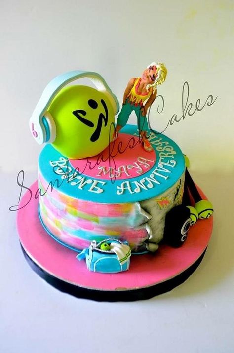 Zumba cake with sporty and bright colors Dancer Cake, 60th Cake, Gym Cake, Zumba Party, Cake Decorating Inspiration, Cake Decorating Piping, Designer Cakes, Pinterest Party, Zumba Fitness