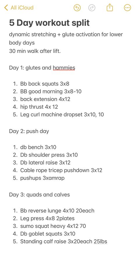 this is my current gym split. I lift 5x a week, sunday-thursday, and I do pilates/&cardio on friday and saturday. this split is optimized for lower body growth for me personally. feel free to adjust the days to your schedule Gym Day Schedule, Workout Split To Grow Glutes, Workout Split With Running, Lower Body Workout Split, 5 Day A Week Workout Split, 5 Day Gym Split Women, Three Day Gym Split, 5 Day Workout Split Women Gym, Women’s Gym Workout Split