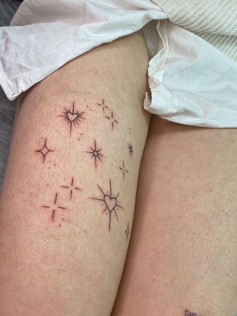 Heart With Sparkles Tattoo, Heart Sparkle Tattoo, Sparkle Heart Tattoo, Hearts And Stars Tattoo, Heart Star Tattoo, Cosmos Tattoos, Carnation Tattoos, Sparkles Tattoo, Lavender Tattoos