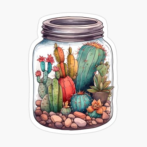 Get my art printed on awesome products. Support me at Redbubble #RBandME: https://www.redbubble.com/i/sticker/Watercolor-Jar-filled-with-cactuses-by-lastgirlscout/144301325.EJUG5?asc=u Watercolor Jar, Mason Jar Stickers, Plant Stickers, Jar Stickers, Cactus Stickers, Stickers Png, Stickers Aesthetic, Art Animation, Watercolor Stickers