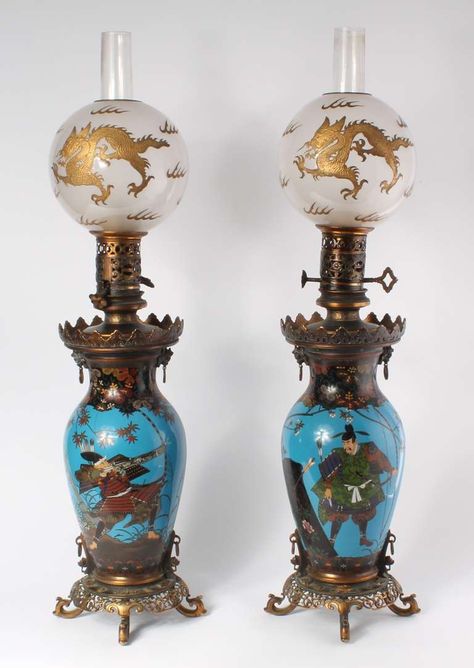 A pair of cloisonné oil lamps, Barbedienne mounted circa 1880 2 Lamp Reference, Fenton Lamps, Antique Oil Lamp, Banquet Lamp, Antique Lamp Shades, Victorian Lamps, Antique Light Fixtures, Antique Oil Lamps, Oil Lantern