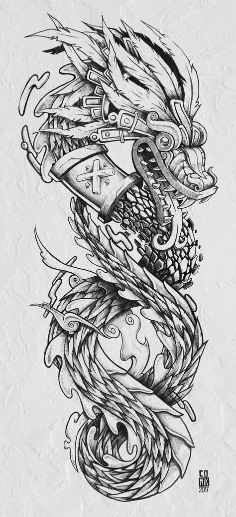 Cool Tattoo Sketches For Men, Aztec Serpent Tattoo Design, Leg Sleeve Template Tattoo, Kukulkan Tattoo, Aztec Dragon Tattoo, Aztec Sun Tattoo, Quetzalcoatl Tattoo Design, Quetzalcoatl Art, Mascara Oni