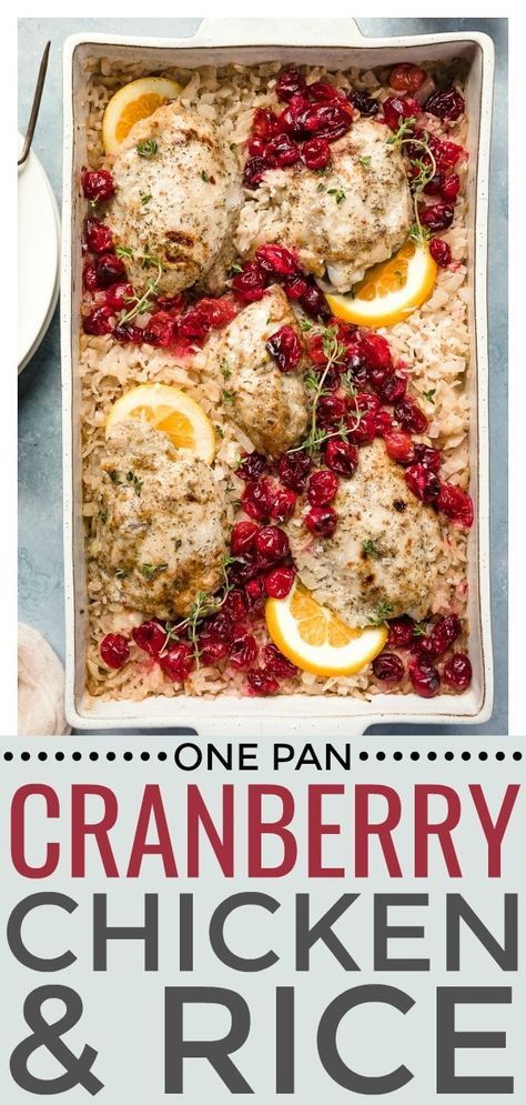 This Baked Orange Cranberry Chicken & Rice is made in just one pan and completely in the oven!  This juicy, tangy chicken with tart cranberries and fluffy rice is healthy, delicious and perfect for any occasion! #easy #cranberry #chicken #rice #recipe via @nospoonn Cranberry Rice, Fresh Cranberry Recipes, Cranberry Baking, Vinegar Chicken, Orange Baking, Cranberry Chicken, Fluffy Rice, Orange Cranberry, Croutons Homemade