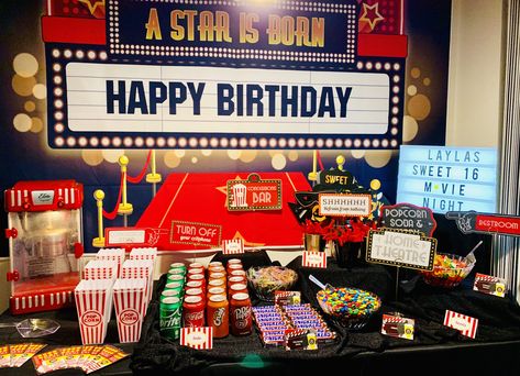 Movie Party Concession Stand, Theatre Party, Dive In Movie, Popcorn Theme, Backyard Movie Party, Movie Night Birthday Party, Movie Birthday Party, Party Like Its 1999, Movie Snacks