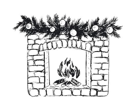 Christmas Fireplace Art, Fireplace Drawing Sketch, Winter Drawings Ideas, Christmas Drawing Sketch, Christmas Pen Drawing, Fireplace Doodle, Christmas Fireplace Drawing, Cute Christmas Sketches, Christmas Drawings Art Sketch