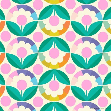 Elizabeth Olwen Surface Design, Retro Flower Illustration, Retro Fabric Patterns, Floral Pattern Illustration, Flower Illustration Pattern, Illustrated Pattern, Boho Illustration, Surface Pattern Design Inspiration, Color Wheels