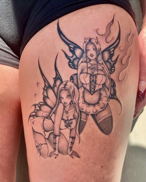 😇 Double Trouble 😈 #fairytattoo Skull Fairy Tattoo, Kid Tattoo Ideas, Naked Fairy Tattoo, Trouble Tattoo, Skull Fairy, Stick Poke, Stick Poke Tattoo, Tattoo Design Book, Fairy Tattoo