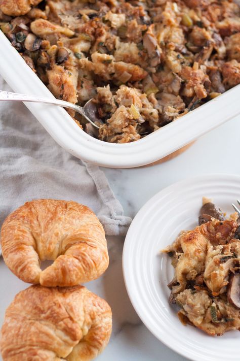 Croissant Dressing, Crossiant Stuffing Recipes, Mushroom Sausage Stuffing, Stuffing With Mushrooms Thanksgiving, Mushroom Croissant Stuffing, Thanksgiving Stuffing With Sausage And Mushrooms, Croissant Stuffing, Mushroom Croissant, Herby Mushroom Croissant Stuffing