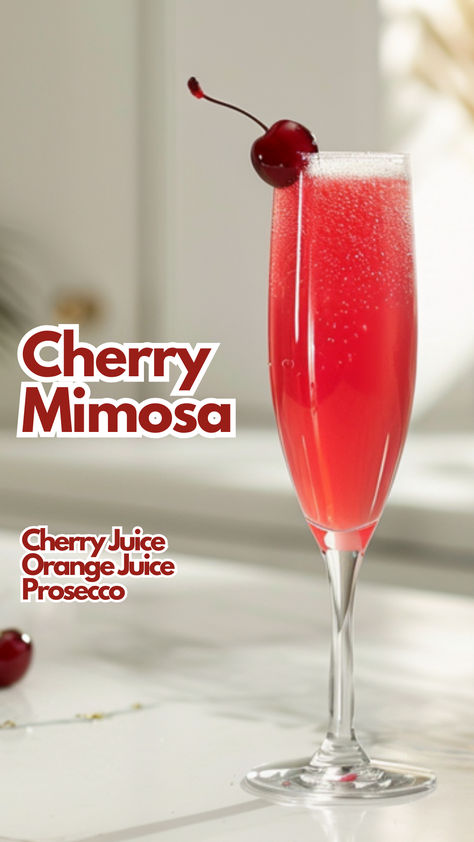 Cherry Mimosa Cherry Mimosa Recipe, Mimosa Drinks Recipes, Cherry Drink Recipes, Pink Mimosas, Cherry Mimosa, Cherry Cocktails, Mimosas Recipe, Bridal Breakfast, Cocktail Board