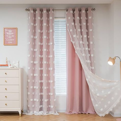 Amazon.com: MYSKY HOME Pink Curtains for Living Room 84 Inches Long Pom Pom White Sheer Curtains for Girls Room Nursery Curtains Double Layer for Toddler Bedroom Grommet Room Darkening Window Panels 52 x 84 Inch : Home & Kitchen Grandchildren Room Bedrooms, Boho Nursery Girl Pink, Window Setting Ideas, Pastel And White Bedroom, Pink Boho Bedroom Decor, Pink Purple Nursery, White And Pink Bedroom Decor, Curtains For Kids Bedroom, Back Of Door Decoration Bedroom