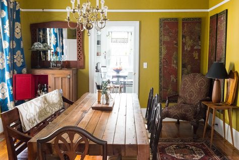 The dining room. The wall paint is Palace Ochre Gold by Benjamin Moore. The dining chairs were Eric's grandmother's. Lush Paint Color, 19th Century Farmhouse, Japanese Farmhouse, Japan Apartment, Yellow Dining Room, Fall Themes, Century Farmhouse, Farmhouse Interior Design, Georgia Homes