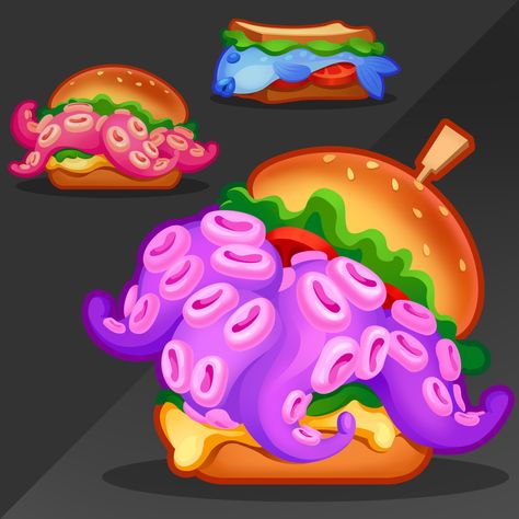 Monster burger. Burger with octopus 2D art. Casual style. Gameart Food Monster Art, Monster Food Art, Alien Food Concept Art, Food Concept Art, Monster Burger Logo, Food Monster Illustration, Lobster Monster, Burger Drawing, Sushi Monster