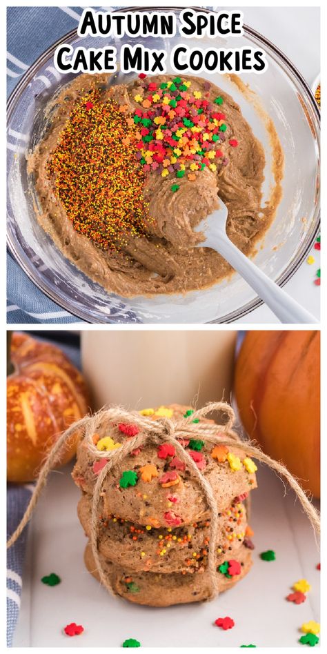 Pumpkin Cookies Using Spice Cake, Thanksgiving Cake Mix Cookies, Fall Cake Mix Cookies, Spice Cake Cookies, Spice Cake Mix Cookies, Spice Cake Mix Recipes, Delicious Halloween Desserts, Brownie Mix Recipes, Fall Fun Food