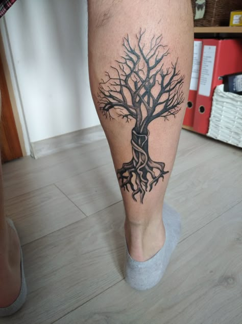 #tree #treetattoo #tattoo Tree Calf Tattoo Men, Tree Of Life Tattoos Men, Position Tree Tattoo, Leafless Tree Tattoo, Elm Tree Tattoo, Dead Tree Tattoo, Tree Tattoo Art, Calf Tattoo Men, Tree Tattoo Arm