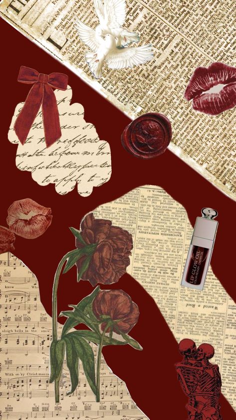 #red#cherry#newspaper#kiss#lips #newspaper#old#bow#flowers #doves#skeletons Kiss Lips, Red Cherry, Red Aesthetic, I Wallpaper, Aesthetic Stickers, Red Bow, Cherry Red, Newspaper, Cute Wallpapers