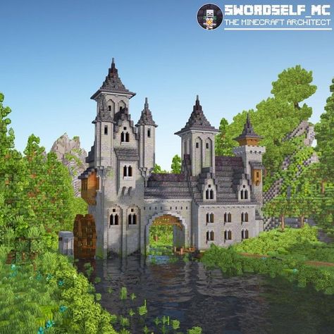 Minecraft Fairytale Builds, Large Minecraft Castle, Minecraft Windmill Design, Castle On Hill Minecraft, Minecraft Castle Walls Towers, Fantasy Windmill Minecraft, Minecraft Hilltop Castle, Windmill Minecraft, Pirate Minecraft