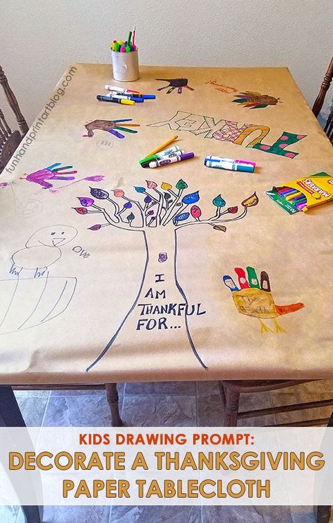 Keep kids from being bored by having them create a Thanksgiving Tablecloth. Provide them with some of the suggested Thanksgiving writing and drawing prompts Thanksgiving Tablecloth, Thanksgiving Writing, Thanksgiving Paper, Thanksgiving Dinner Party, Thanksgiving Activities For Kids, Drawing Prompts, Thanksgiving Art, Thanksgiving Crafts For Kids, Hosting Thanksgiving