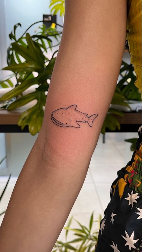 Tiny Whale Shark Tattoo, Silly Shark Tattoo, Bartok The Bat Tattoo, Simple Whale Shark Tattoo, Shark Whale Tattoo, Funny Shark Tattoo, Small Whale Shark Tattoo, Sea Creature Tattoo Ideas, Whale Shark Tattoo Design