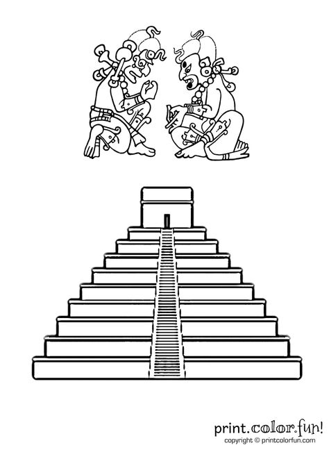 Mayan pyramid | Print. Color. Fun! Free printables, coloring pages, crafts, puzzles & cards to print Gods Temple, Mayan Masks, Indian Chief Tattoo, Mayan Gods, Aztec Pyramids, Aztec Symbols, Mayan Tattoos, Art Coloring Pages, Maya Civilization