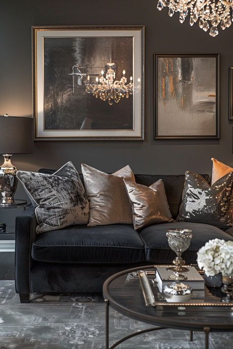 29 Dark Grey Couch Living Room Ideas for Sophisticated Style 12 Glam Great Room, Black And Silver Living Room, Grey Couch Living Room Ideas, Dark Grey Couch, Couch Grau, Dark Grey Couch Living Room, Stylish Living Room Ideas, Dark Grey Couches, Couch Living Room Ideas