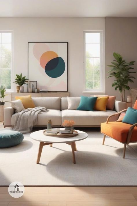 Feeling stuck in a decor rut? A new color palette might just be the answer! This season's trending colors range from soothing neutrals to vibrant statements. Discover how these shades can refresh your home and lift your spirits. Our expert tips will guide you in incorporating these hues seamlessly. Say goodbye to dull interiors and hello to a vibrant home!#ColorPalette #HomeMakeover #InteriorTrends #DecorInspo #DesignTips Living Room Designs Colorful, Neutral With Pop Of Color, Colourful Minimalism, Colorful Modern Home, Apartment Color Schemes, Comfy Space, Trending Colors, Vibrant Home, Apartment Layout