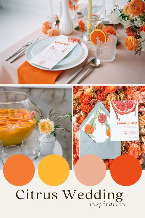 Winter Citrus Wedding, Orange Citrus Wedding, Spring Florals Wedding, Citrus Wedding Color Palette, Citrus Themed Bridal Shower Ideas, Citrus Themed Party, Orange Themed Party, Citrus Wedding Theme, Positano Theme