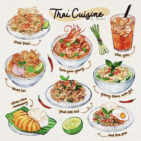 Thai Food Menu, Boxe Thai, Thai Foods, Homemade Cookbook, Recipe Drawing, Thailand Food, Food Artwork, Food Sketch, Watercolor Food