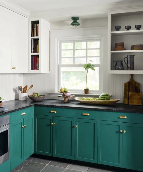 6 kitchen design myths designers say you shouldn't believe | Dual Color Kitchen Cabinets, Teal Kitchen Cabinets, Two Toned Kitchen Cabinets, Teal Cabinets, Turquoise Cabinets, White Upper Cabinets, Two Tone Kitchen Cabinets, Kitchen Base Cabinets, Teal Kitchen