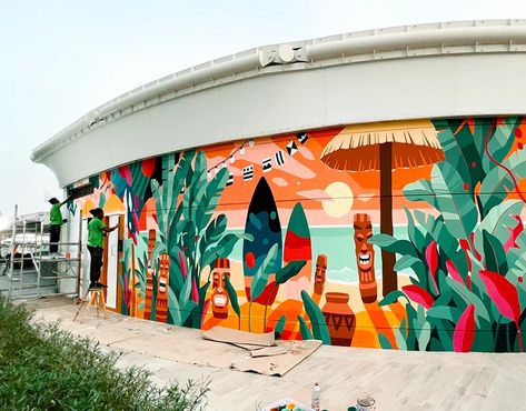 Mural Dubai on Behance Exterior Wall Art, Exterior Murals, Beach Mural, Mural Art Design, Jungle Mural, School Murals, Graffiti Murals, Murals Street Art, Mural Design