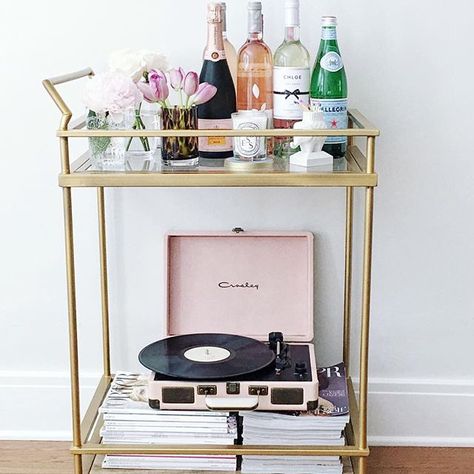 Cart With Flowers, Record Player Decor, Cart Bar, Dining Table Design Modern, My Bar, Condo Decor, Flowers Wine, Gold Bar Cart, Outside Bars